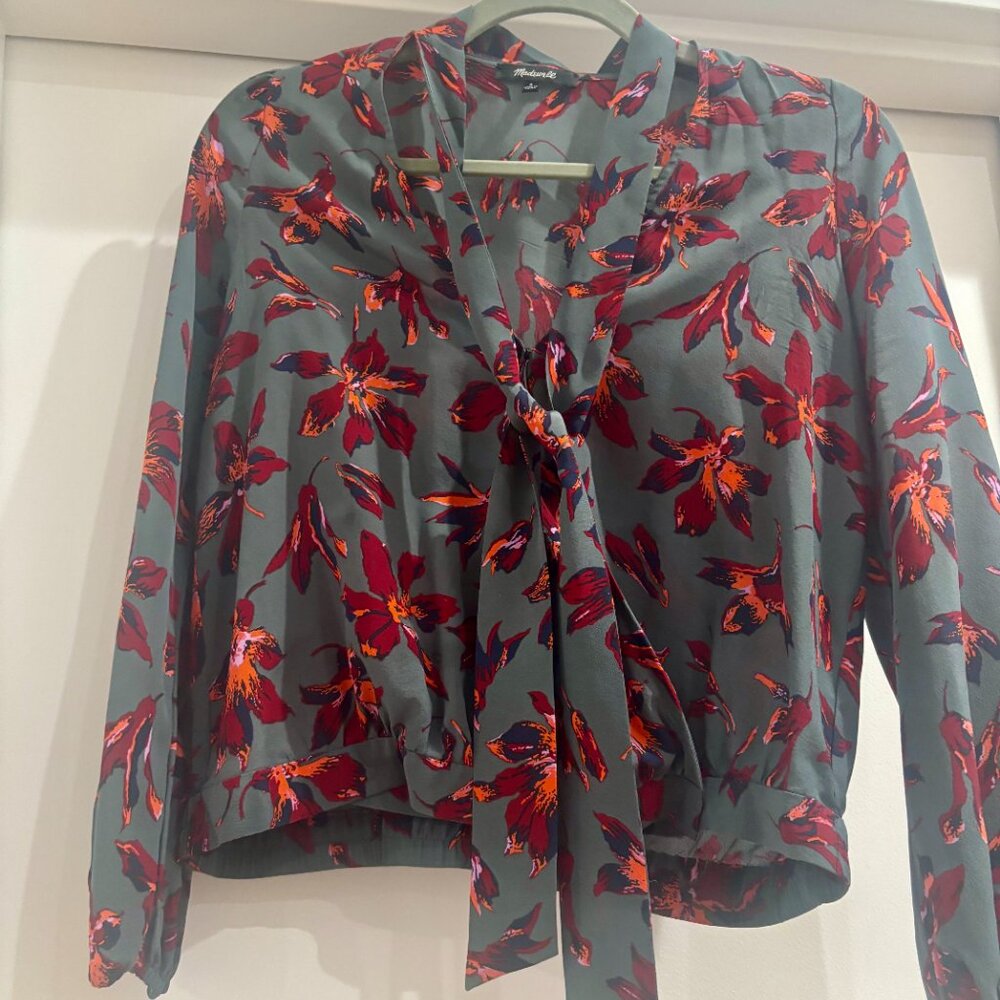 Madewell Floral Silk Wrap Top with Neck Tie